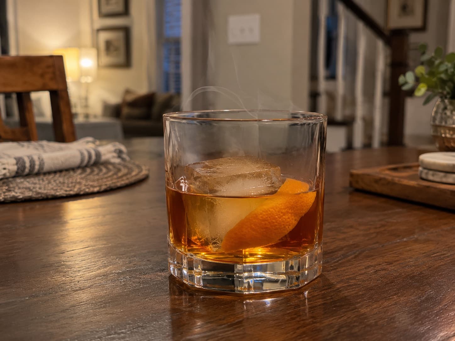 A smoked Old Fashioned in a tumbler with a large ice cube and orange peel