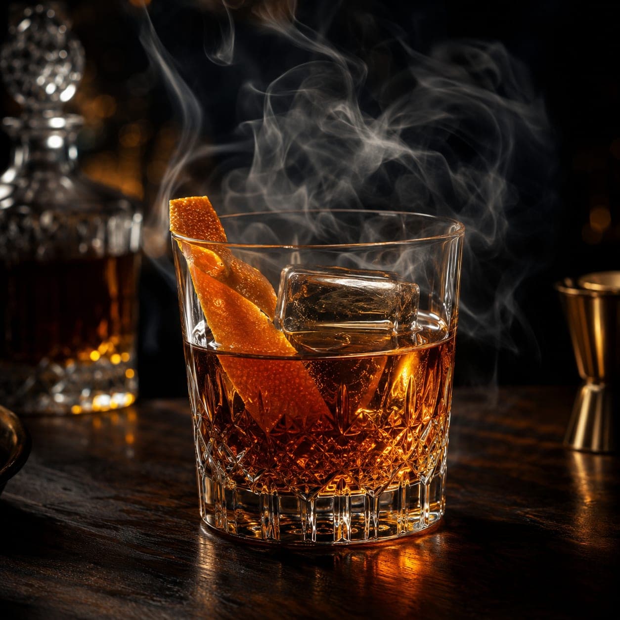 A smoked Old Fashioned cocktail with wood smoke settling over the glass