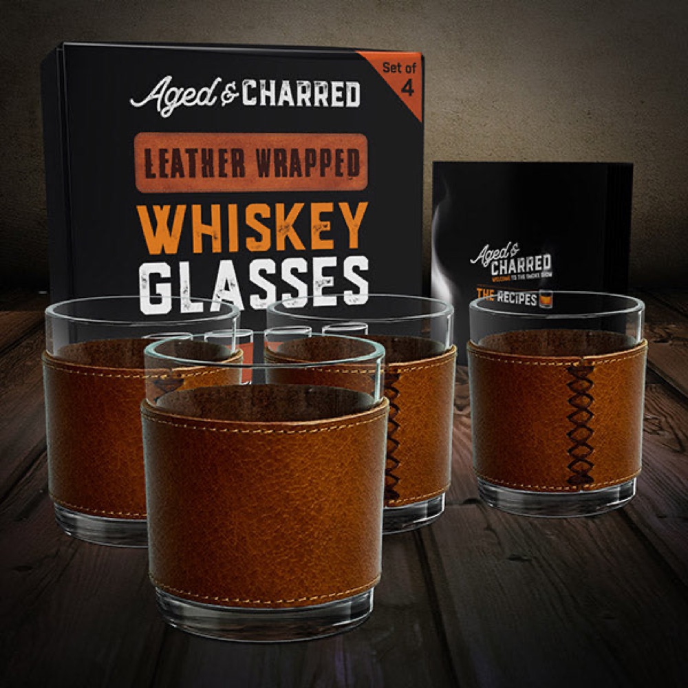 Aged & Charred Leather Wrapped Rocks Glasses